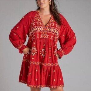 ANTHROPOLOGIE Niamh Red Multi Embroidered Mini Dress Tunic Boho Aztec Chic Sz XS
